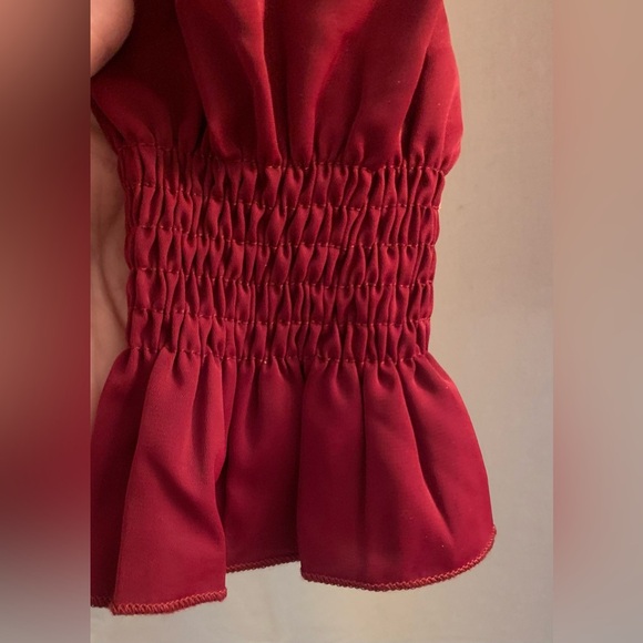 Women’s Red Blouse w/Ruffle Tie Collar & Elastic Smocked Long Sleeve; Size L - Picture 4 of 9